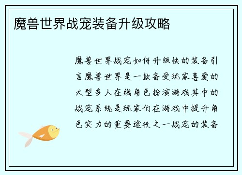 魔兽世界战宠装备升级攻略